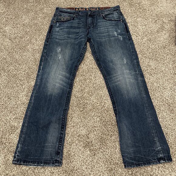 Rock Revival Men’s Blue Timothy Distressed Straight Bootcut Jeans Size 36x33 - Picture 1 of 10
